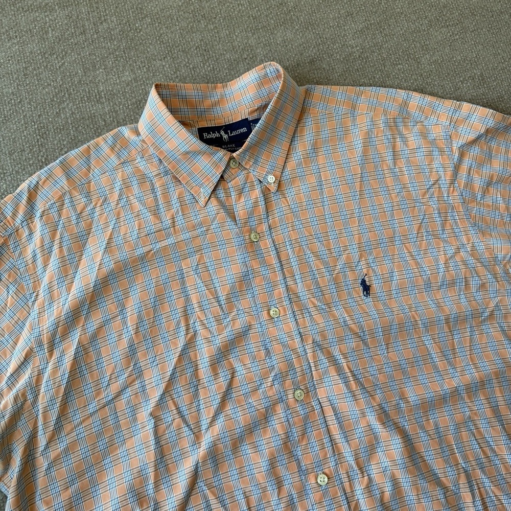 Ralph Lauren Blake Shirt Men's XL Orange Blue Checkered Button Short Sleeve